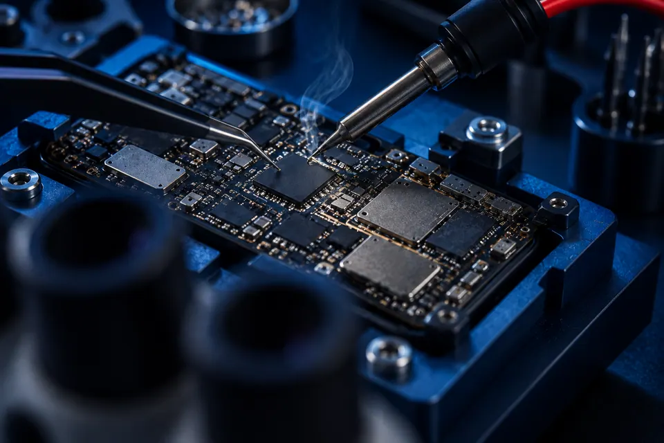 Micro-soudure sur une carte mère de smartphone